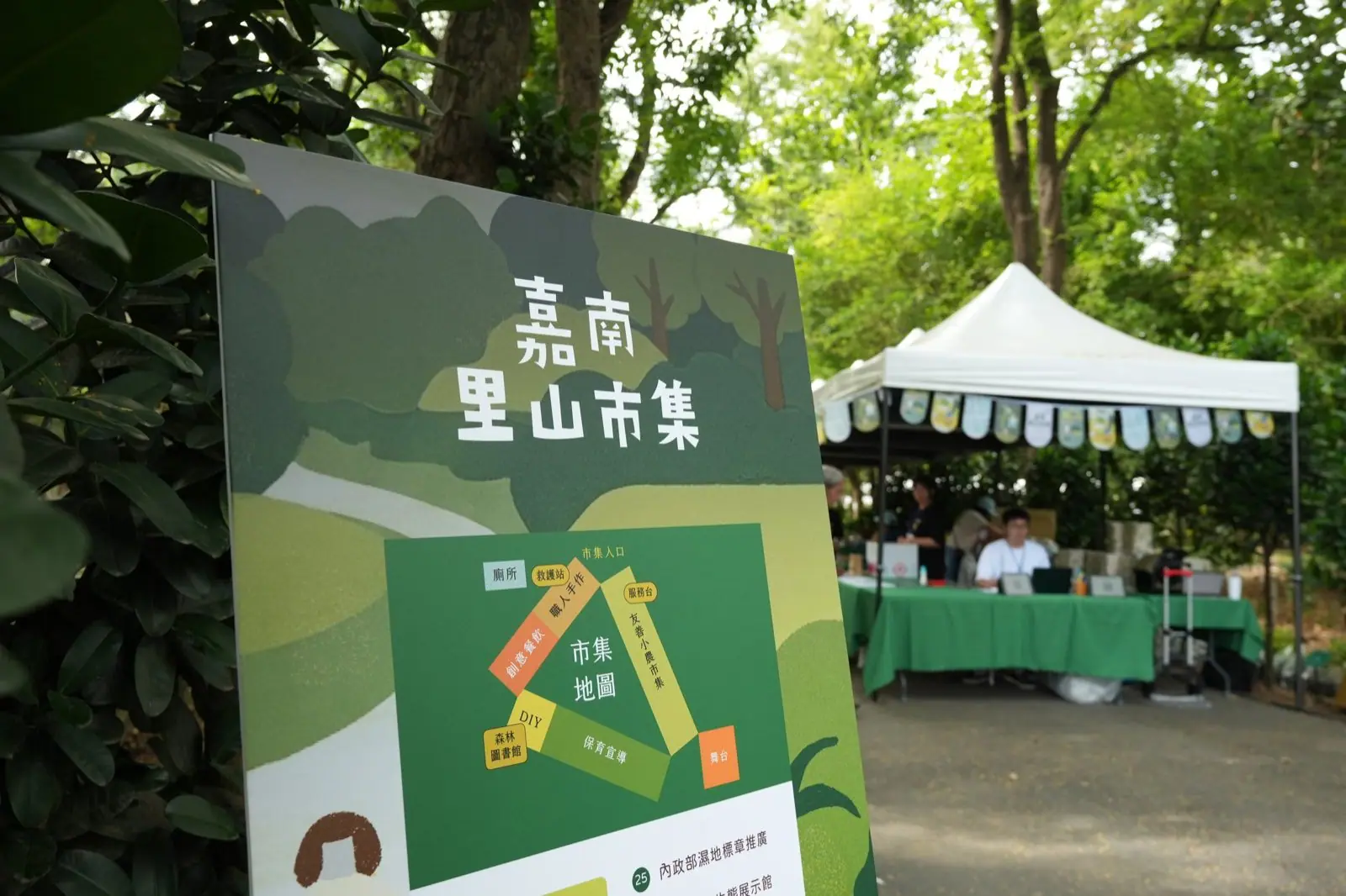 嘉南里山市集入口指示牌與市集地圖，標示友善小農、創意餐飲、職人手作、DIY與保育宣導分區