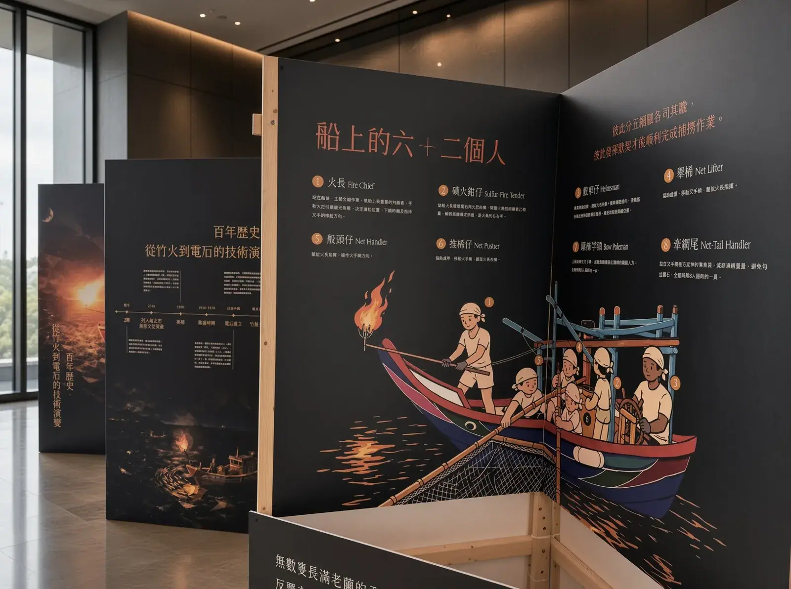 金山區漁會磺火拾光互動常設展 「船上的六+二個人」展板,插畫呈現蹦火船上八個角色的分工|好心地文創