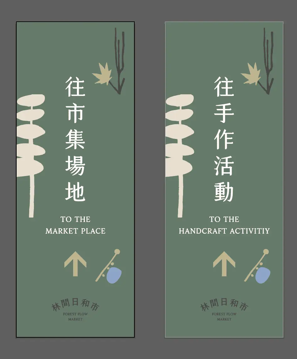 林間日和市活動指標設計，往市集場地與手作活動方向牌