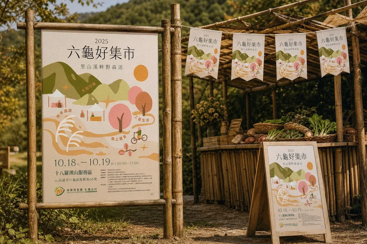 高雄市寶來人文協會 六龜好集市主視覺應用示意|好心地文創