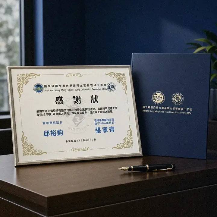 陽明交大後EMBA參訪感謝狀與證書夾企業接待櫃檯應用示意｜好心地文創