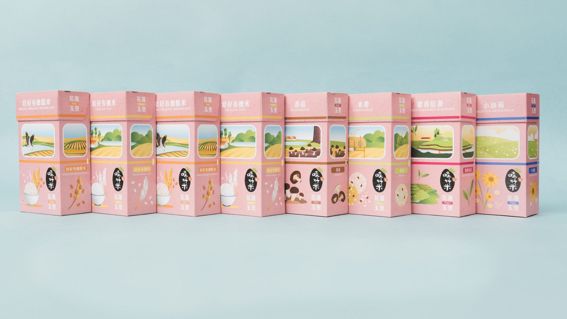 花蓮哇好米全系列產品包裝設計,多口味盒裝一字排開|好心地文創