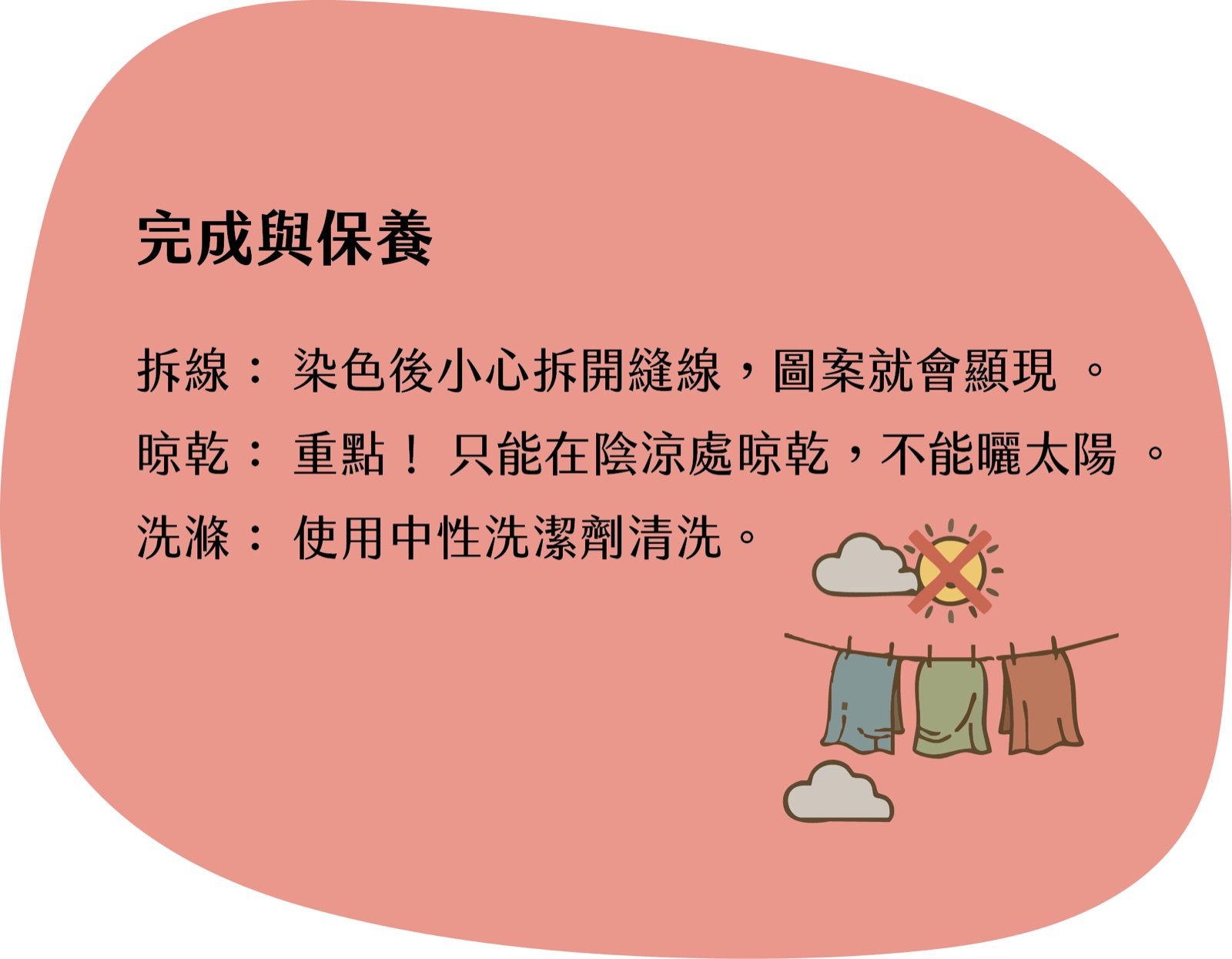 完成與保養展示牌設計，拆線晾乾洗滌步驟圖示