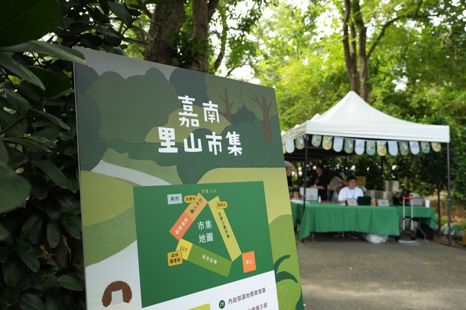 嘉南里山市集入口指示牌與市集地圖，標示友善小農、創意餐飲、職人手作、DIY與保育宣導分區