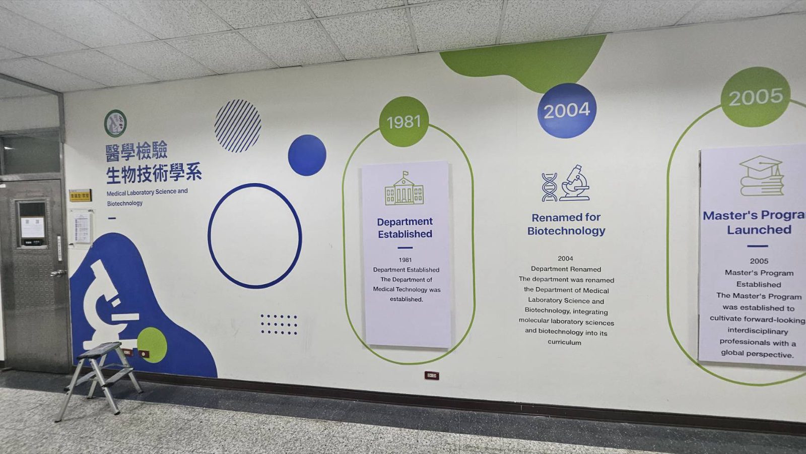 醫技系形象牆施工現場,師傅以雷射水平儀比對割字位置