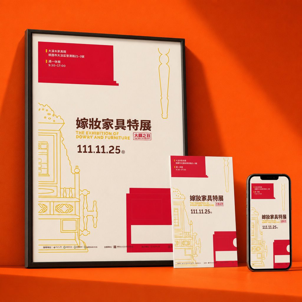 大溪木藝生態博物館「大囍之日－嫁妝家具特展」主視覺海報應用示意｜好心地文創