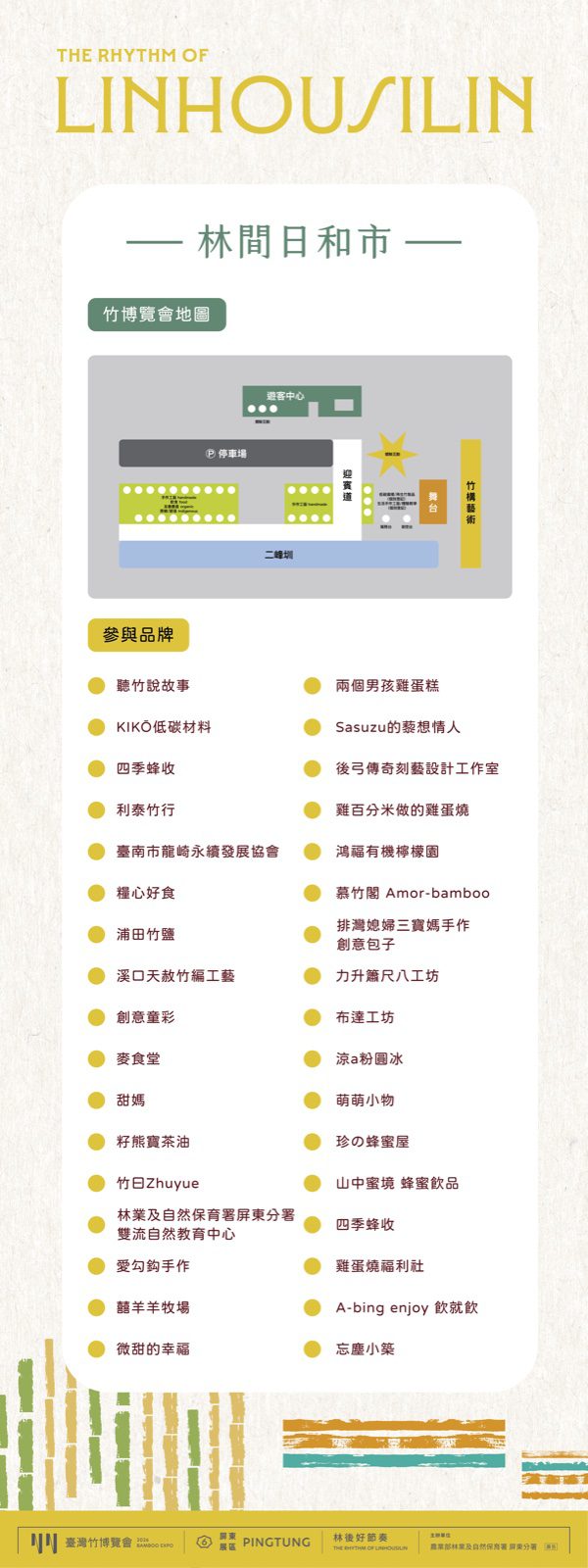 林間日和市攤位介紹立牌完稿,含竹博覽會地圖與參與品牌名單