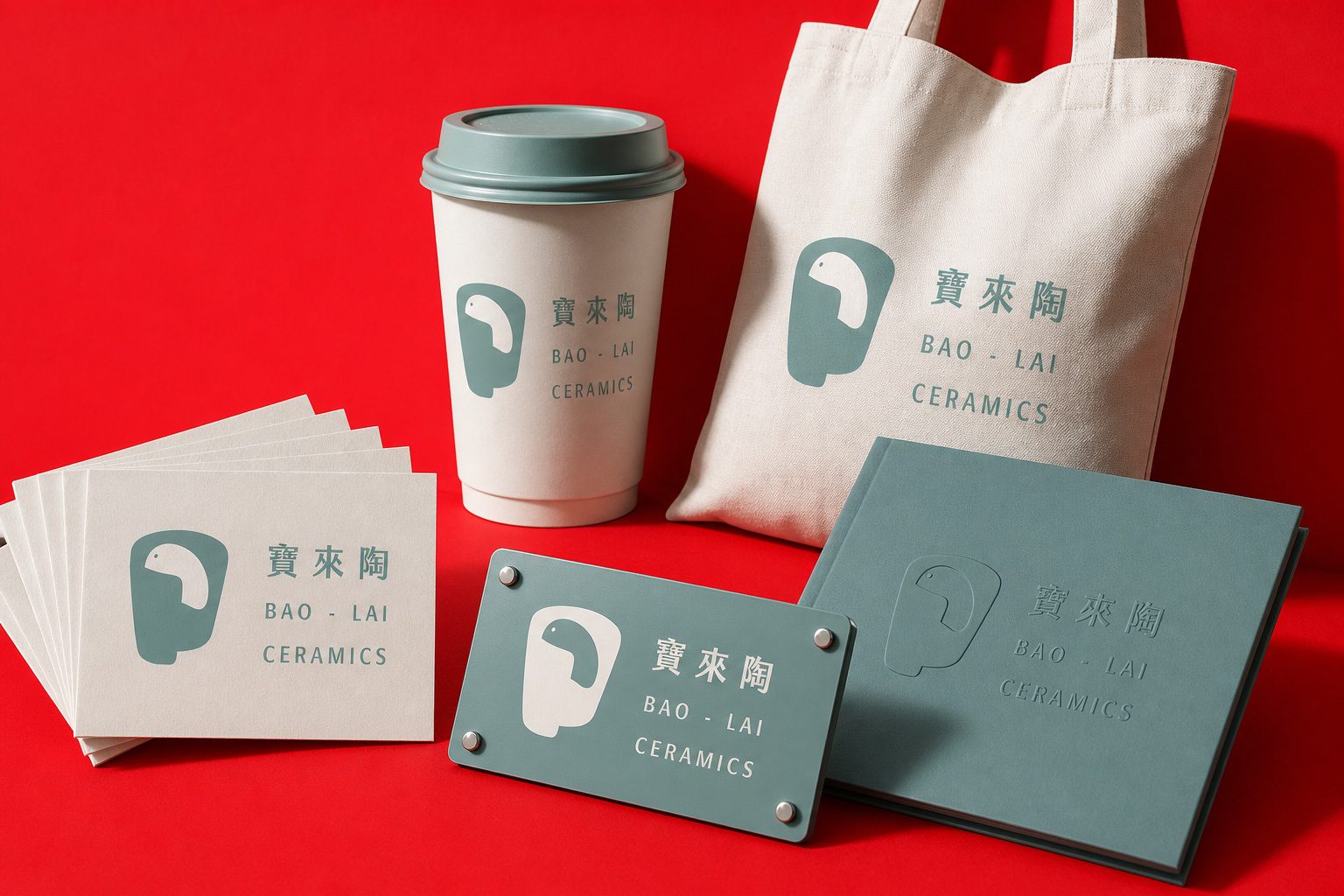 寶來陶品牌識別應用陳列：提袋、杯身、名片、招牌｜好心地文創
