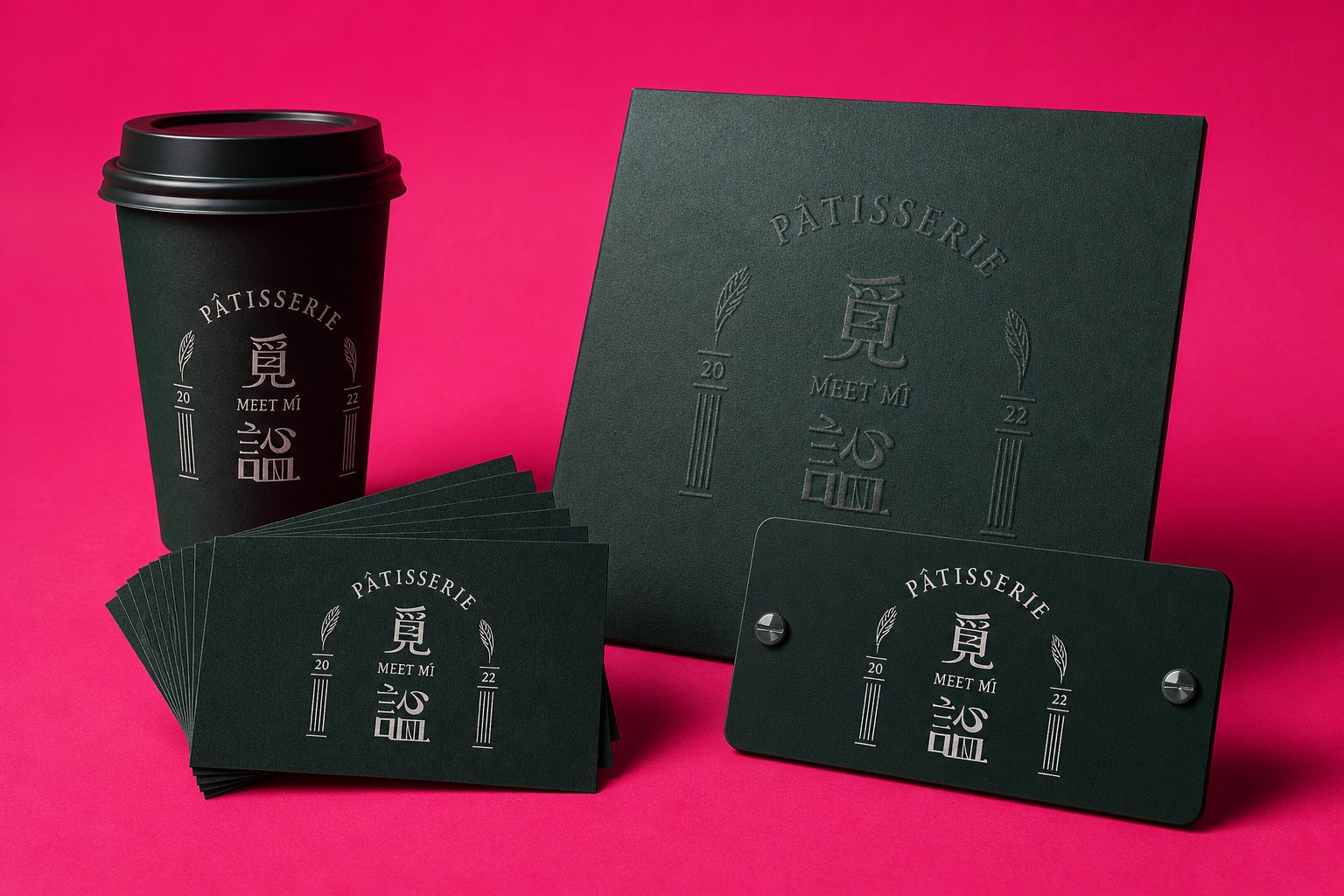 覓謐法式甜點品牌識別應用陳列：名片、杯身、禮盒、招牌｜好心地文創