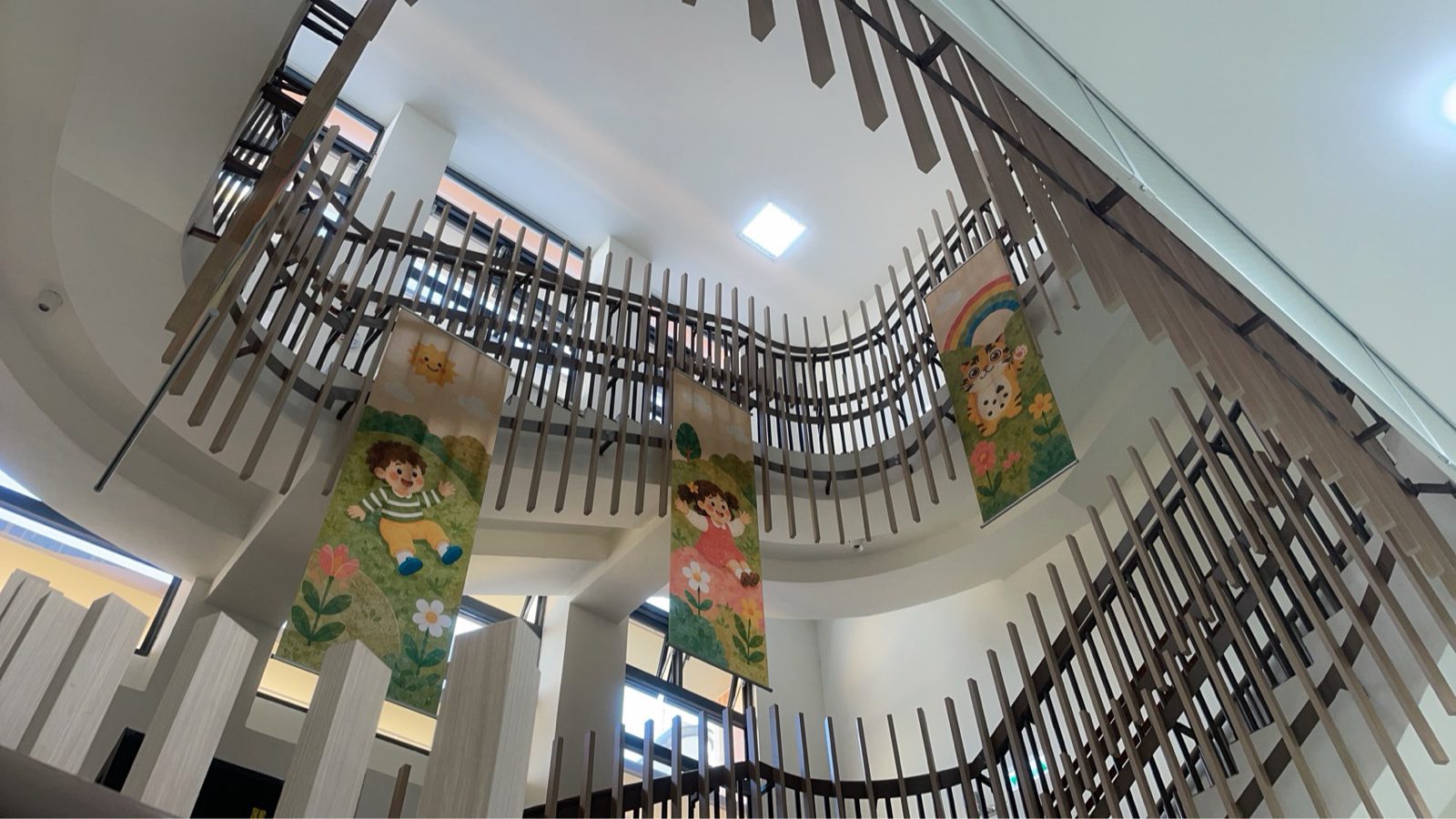 天井三面插畫旗幟仰視，橫跨旋梯挑空