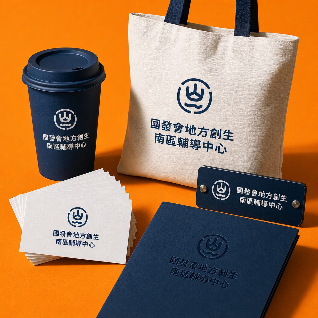 國發會地方創生南區輔導中心識別應用陳列：提袋、杯身、名片、手冊｜好心地文創