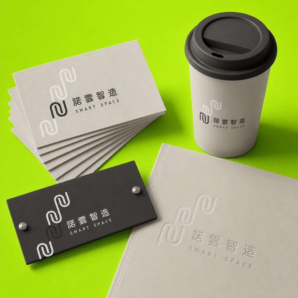 諾雲智造品牌識別應用陳列：名片、杯身、招牌、筆記本｜好心地文創