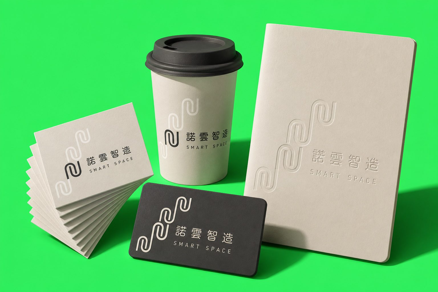 諾雲智造品牌識別應用陳列:名片、杯身、招牌、筆記本|好心地文創