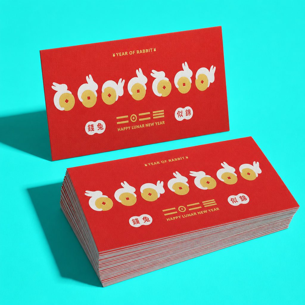 兔年紅包袋燙金設計應用陳列：卡片與整疊紅包袋｜好心地文創