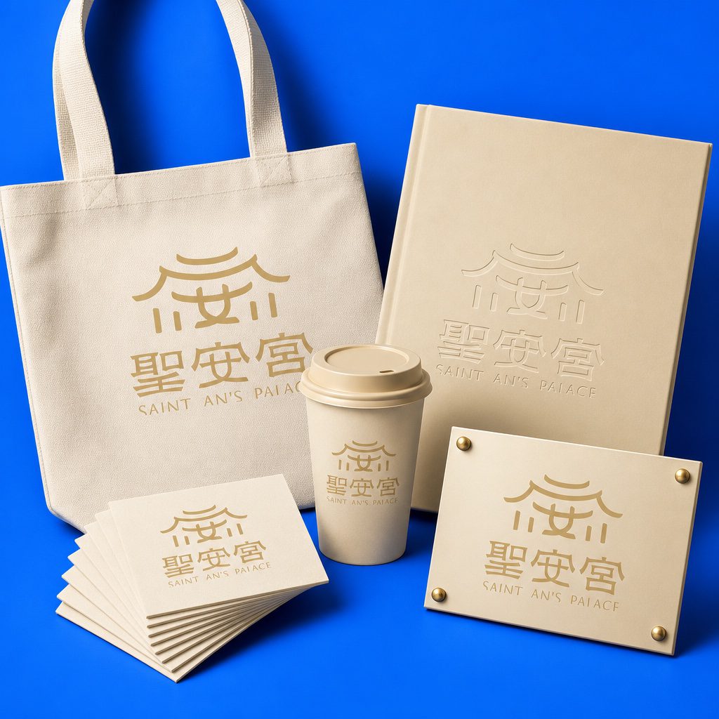 永安聖安宮識別應用陳列：提袋、筆記本、紙杯、銅牌｜好心地文創