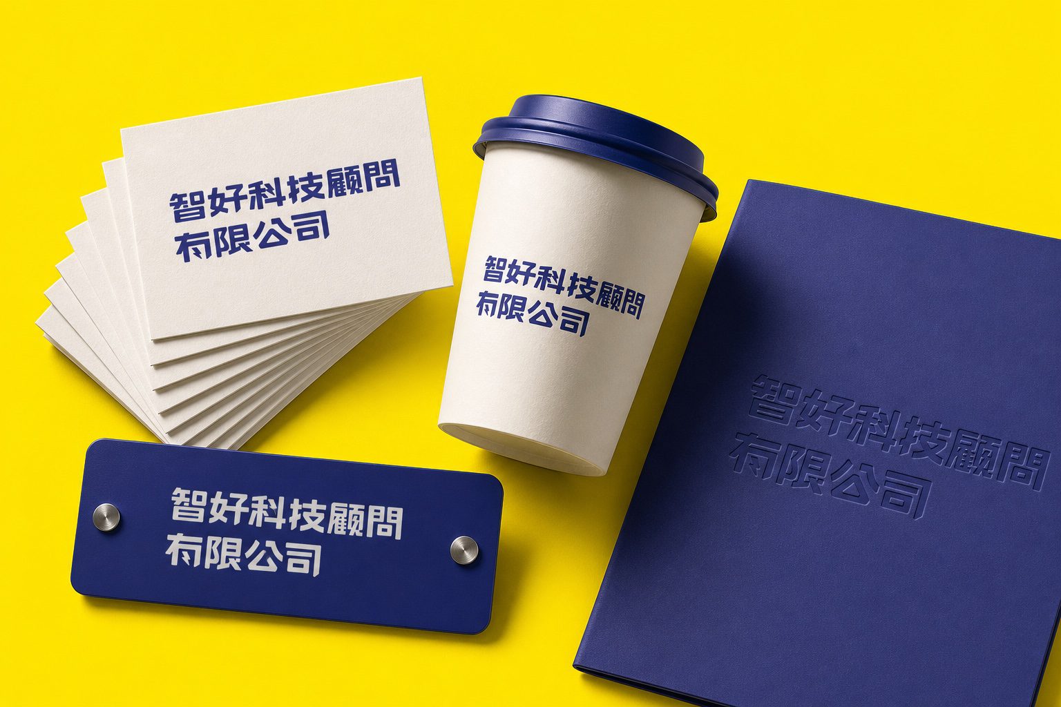 智好科技標準字應用陳列：名片、紙杯、筆記本、銅牌｜好心地文創