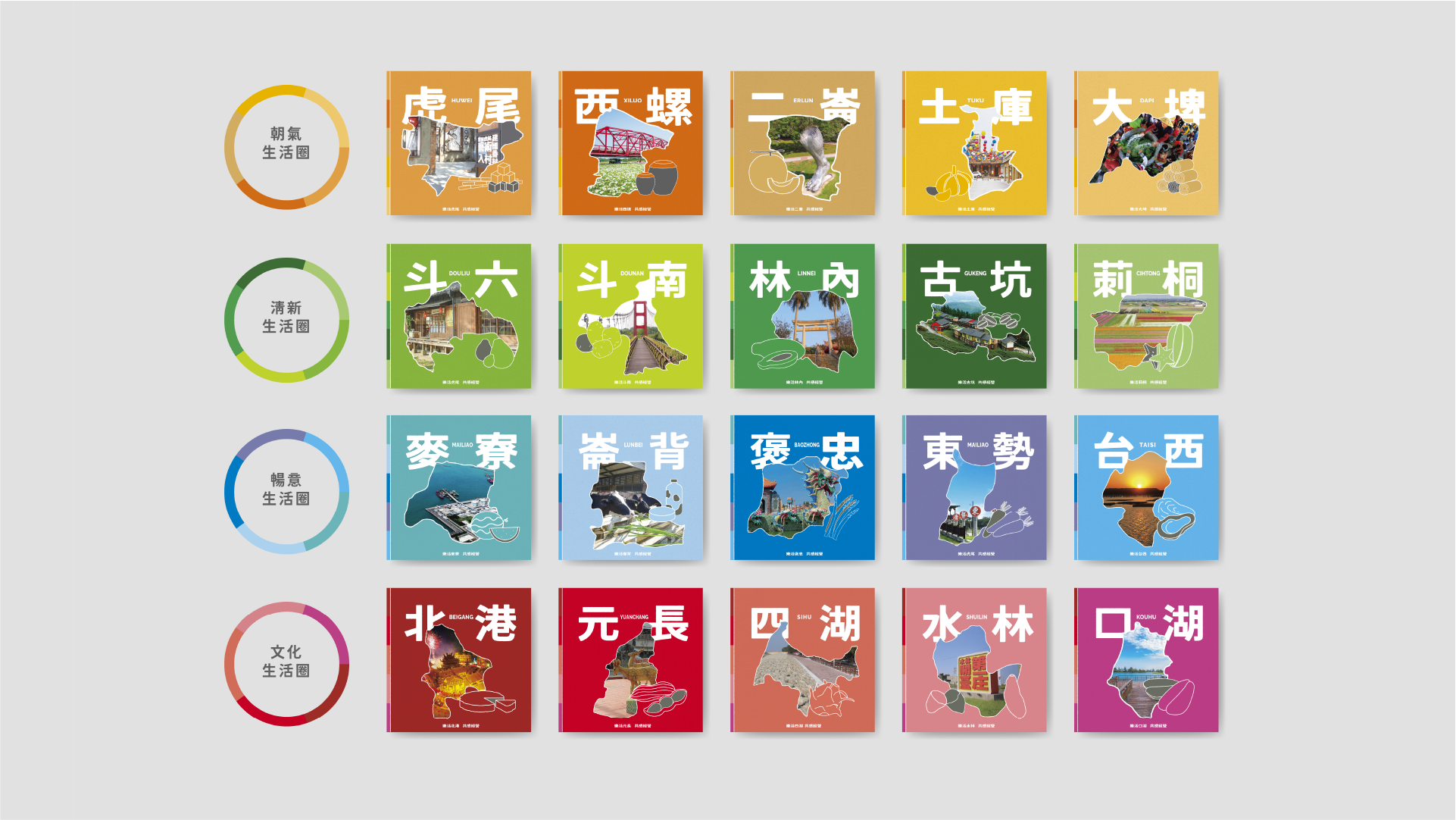 雲林縣20鄉鎮文宣封面總覽，依四大生活圈分色分區｜好心地文創
