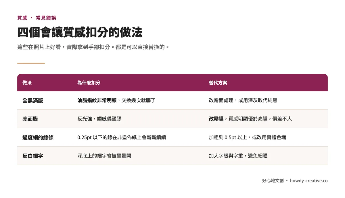 四個讓名片質感扣分的做法與替代方案:全黑滿版、亮面膜、過細線條、反白細字