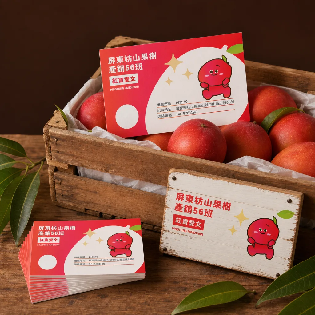 屏東枋山果樹產銷56班 紅寶愛文小卡包裝應用示意｜好心地文創