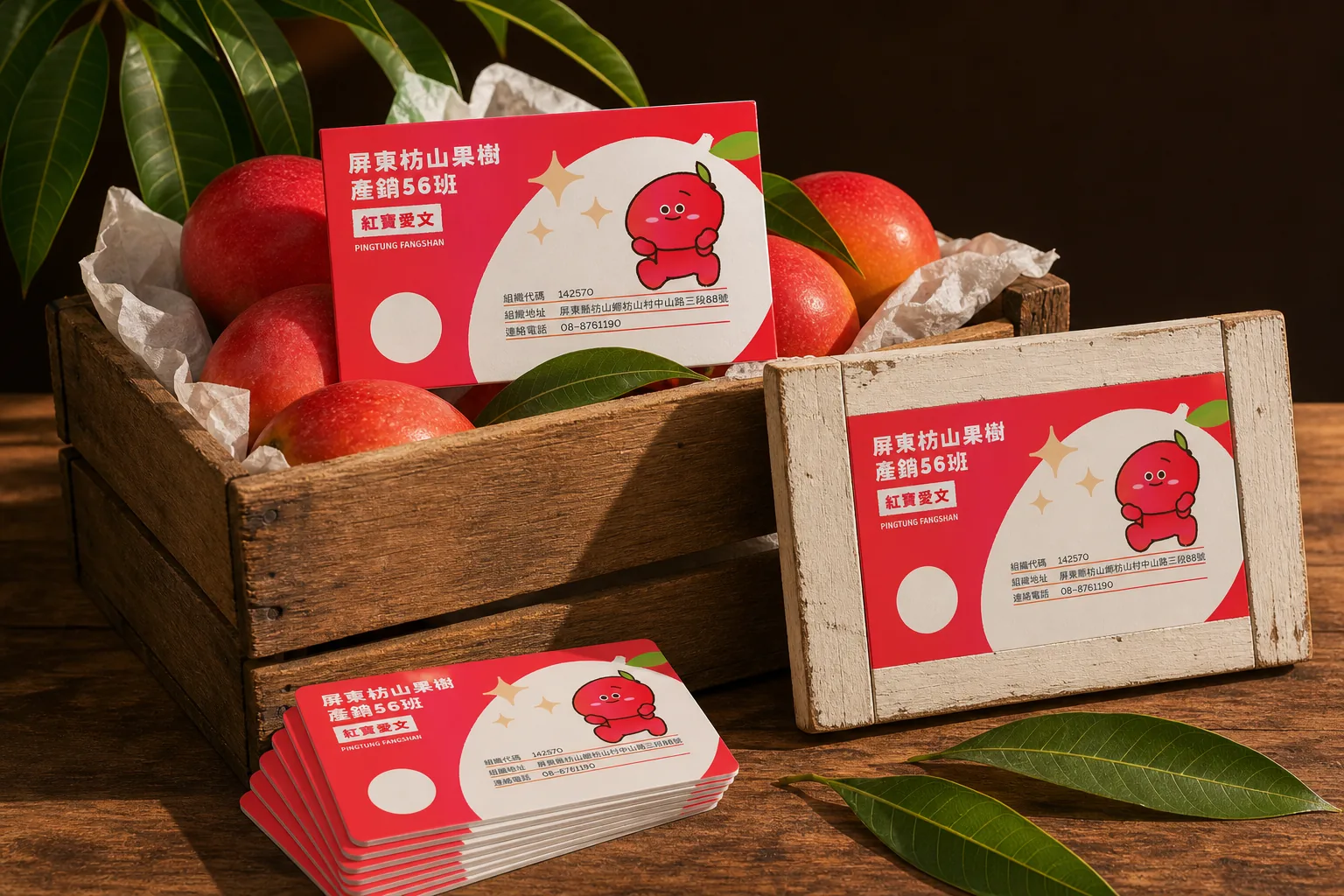 屏東枋山果樹產銷56班 紅寶愛文小卡包裝應用示意｜好心地文創