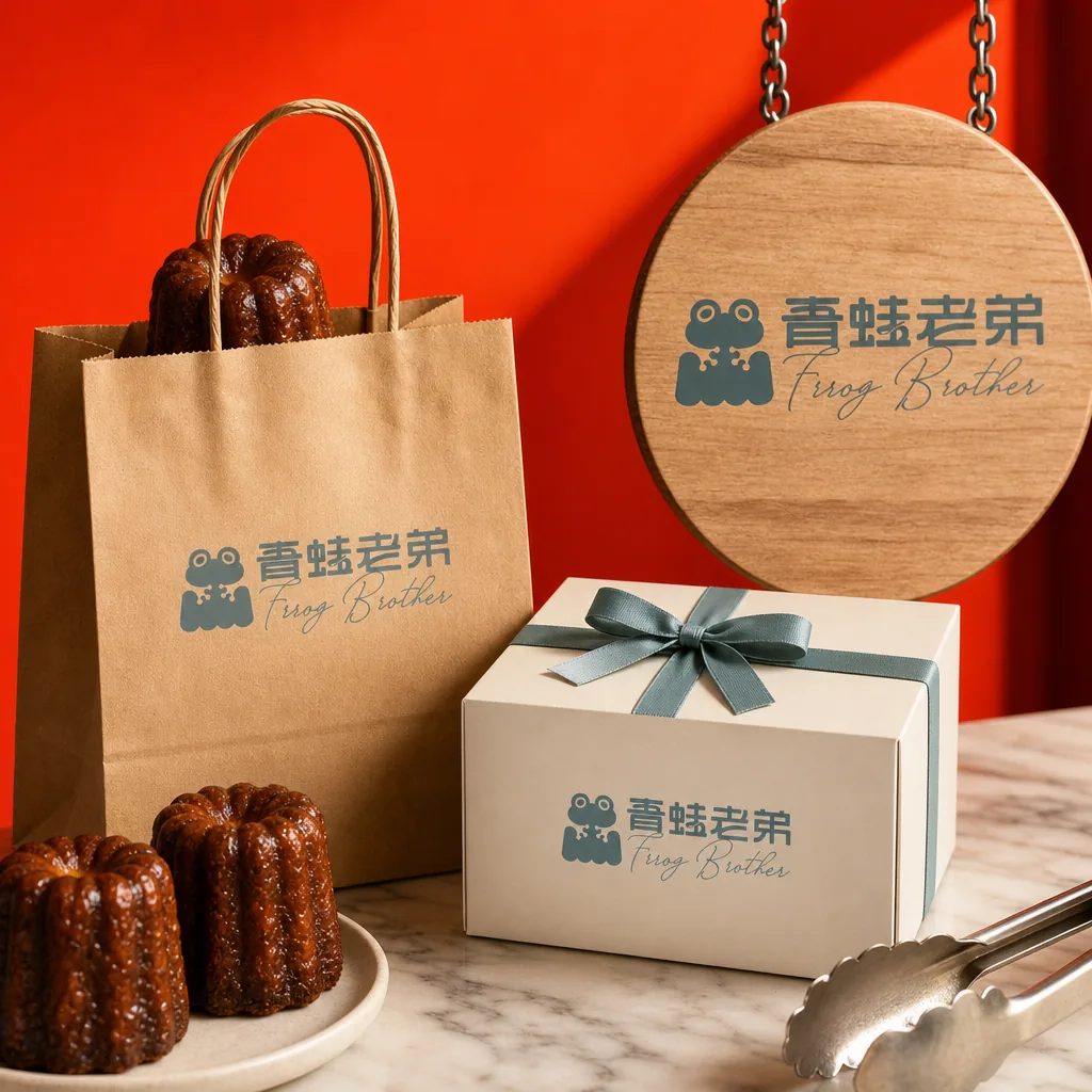 青蛙老弟烘焙坊 可麗露品牌識別應用示意｜好心地文創