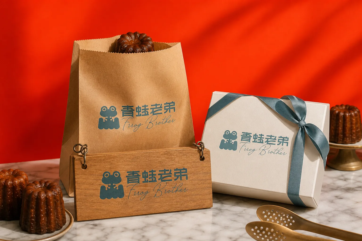 青蛙老弟烘焙坊 可麗露品牌識別應用示意｜好心地文創