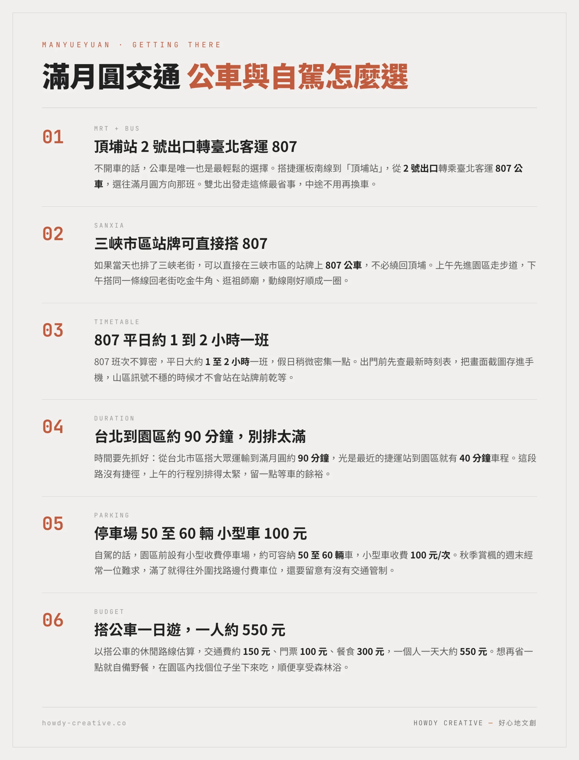 滿月圓森林遊樂區交通資訊圖：捷運頂埔站轉臺北客運807公車、班次間隔與自駕停車費用