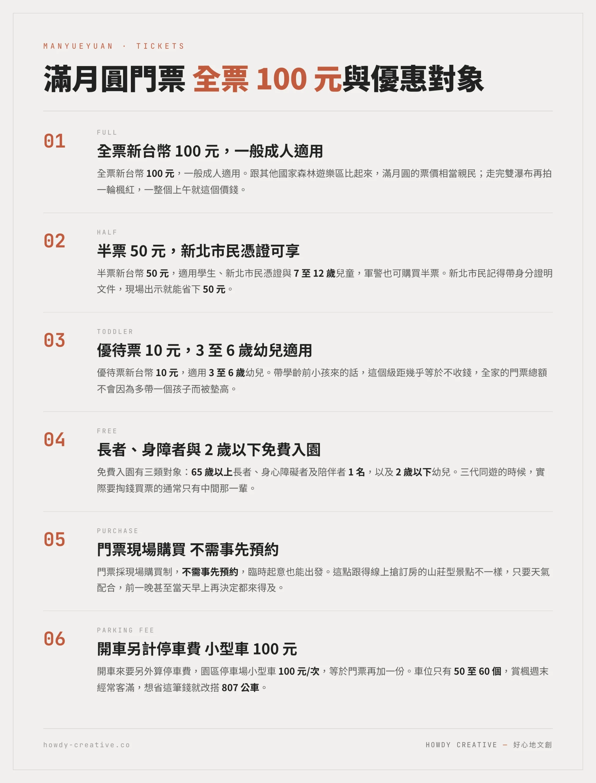 滿月圓森林遊樂區門票價格表：全票100元、半票50元、優待票10元與免費入園對象
