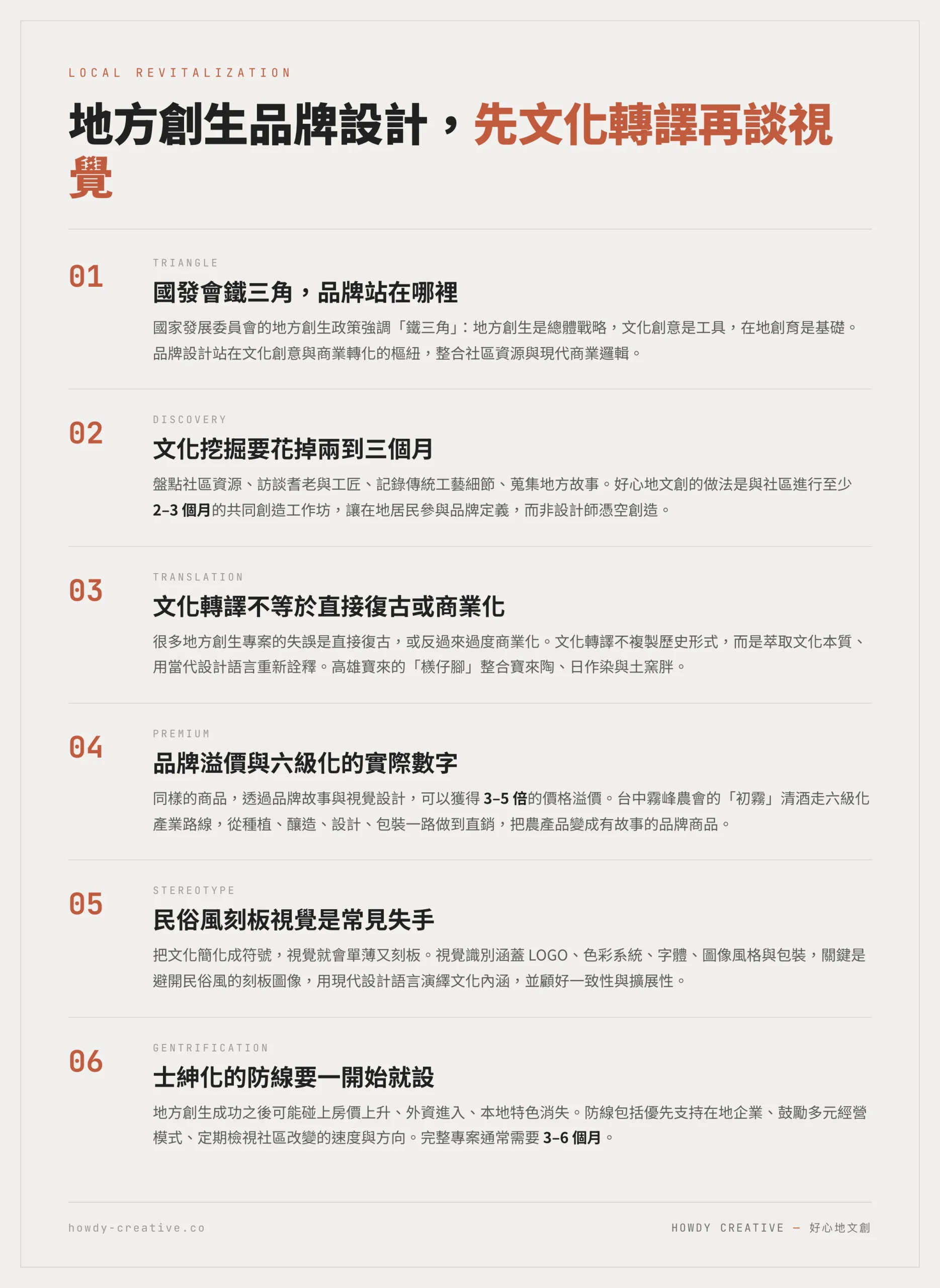 地方創生品牌設計重點圖：國發會鐵三角定位、文化挖掘2-3個月、文化轉譯原則與士紳化防線