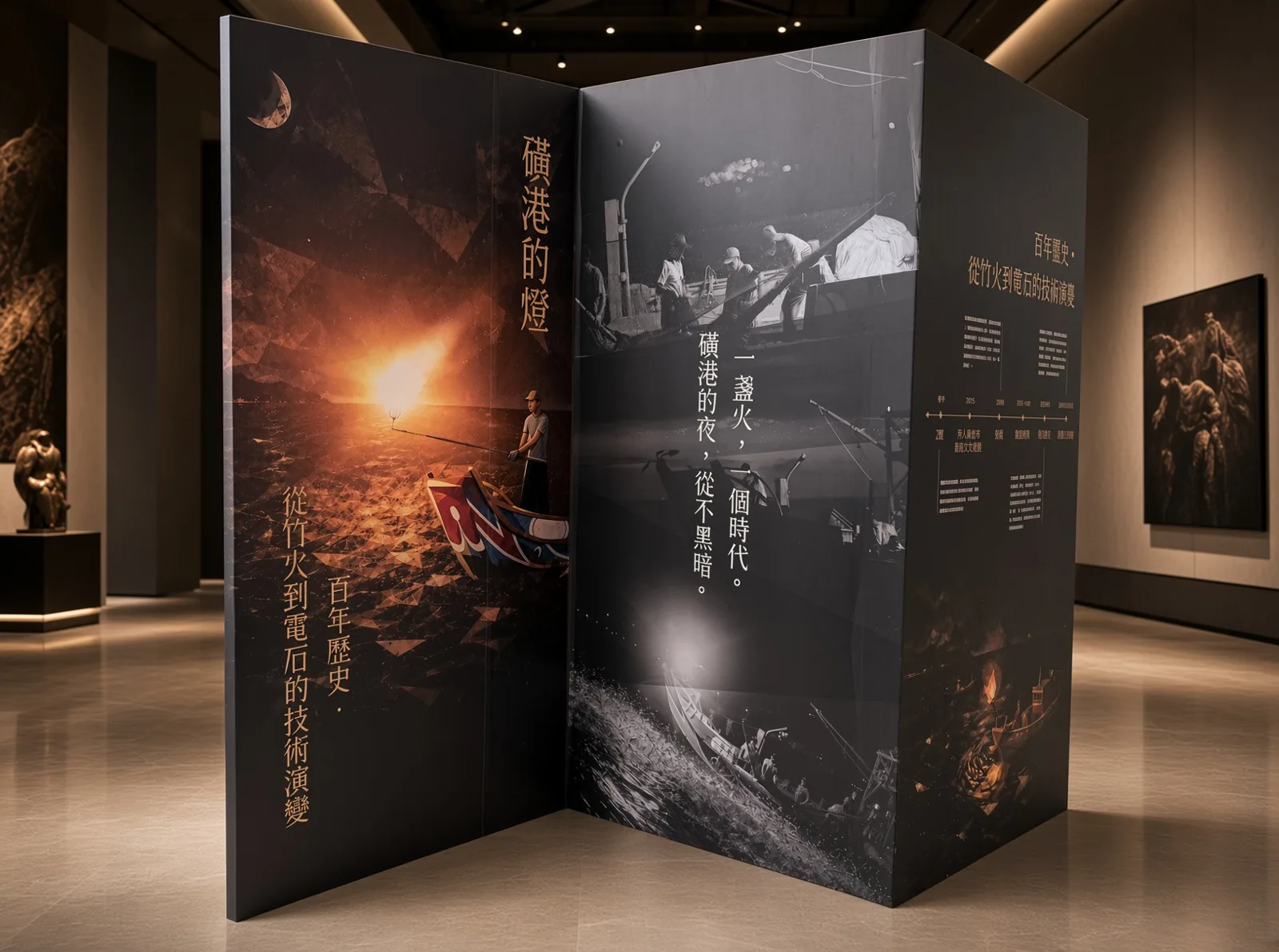展示空間全体の風景、入口の赤い波模様のメインビジュアルと複数パネルの動線を俯瞰
