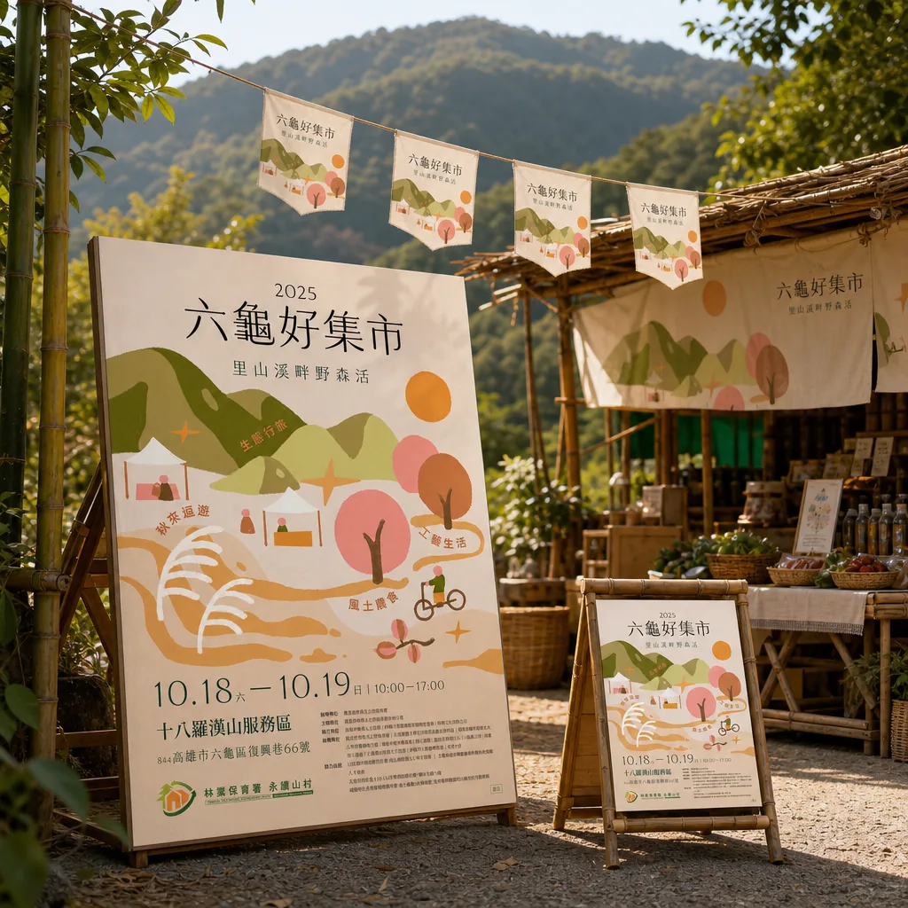 高雄市寶來人文協會 六龜好集市主視覺應用示意｜好心地文創
