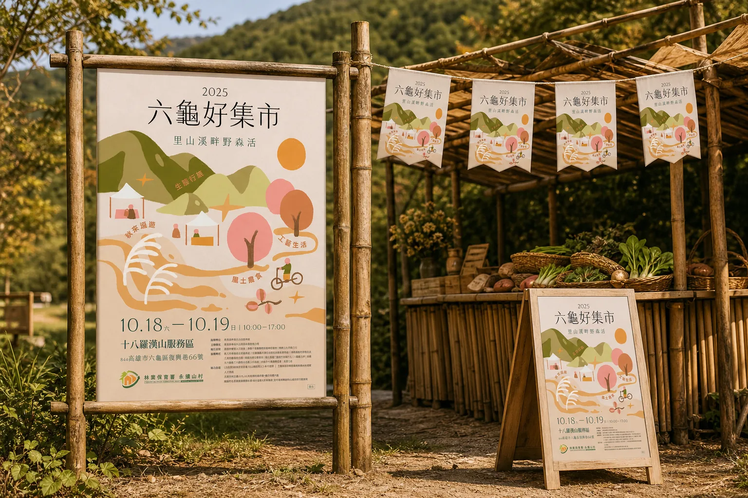 高雄市寶來人文協會 六龜好集市主視覺應用示意｜好心地文創