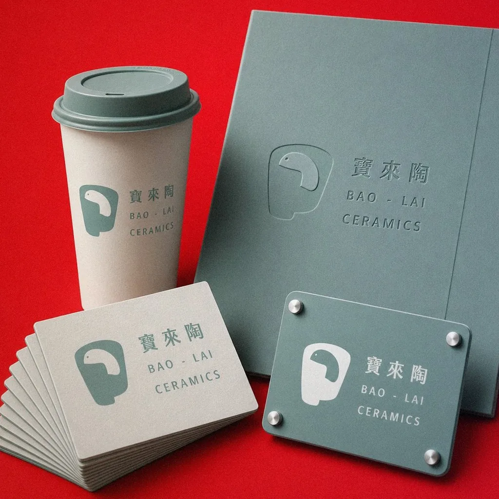 Bao-Lai Pottery brand applications on display: tote bags, cups, business cards, signage | Howdy Creative