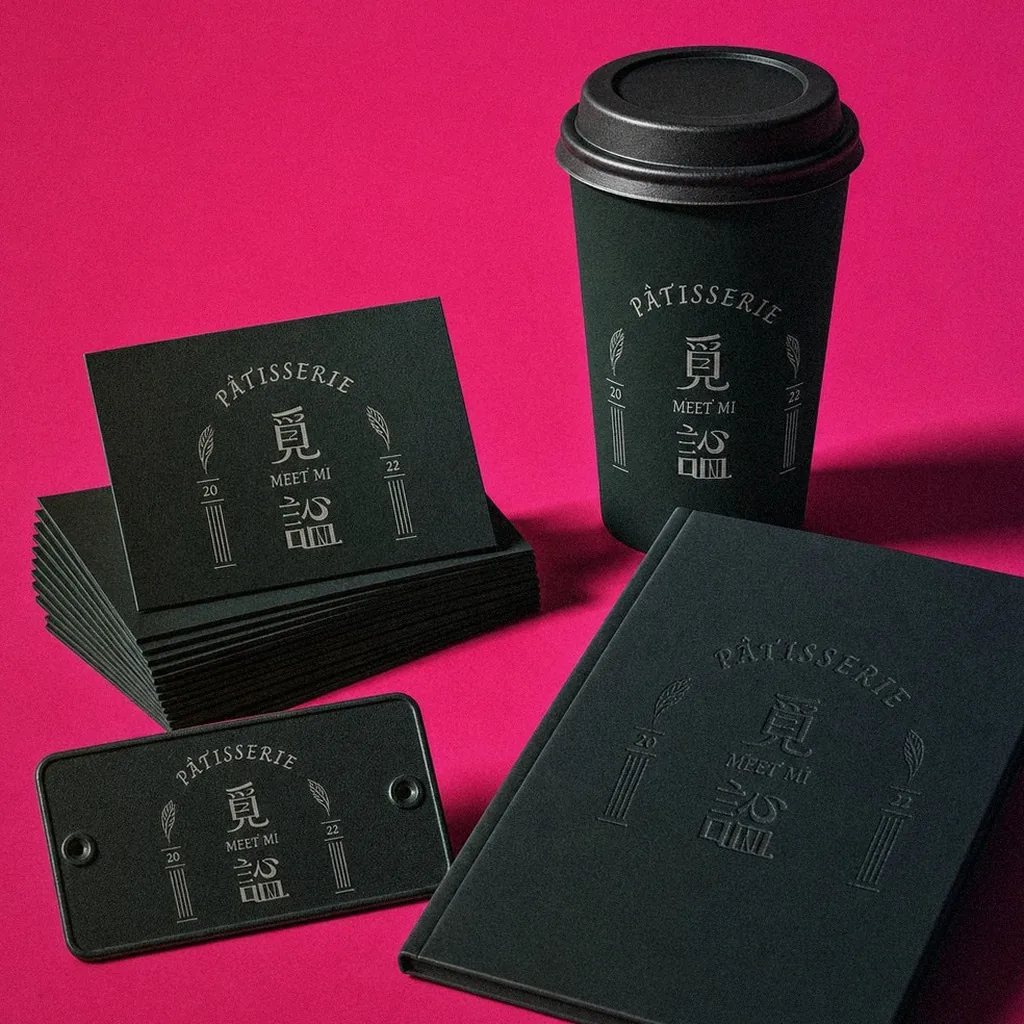 Meet Mi Patisserie brand applications on display: business card, cup, gift box, signage | Howdy Creative