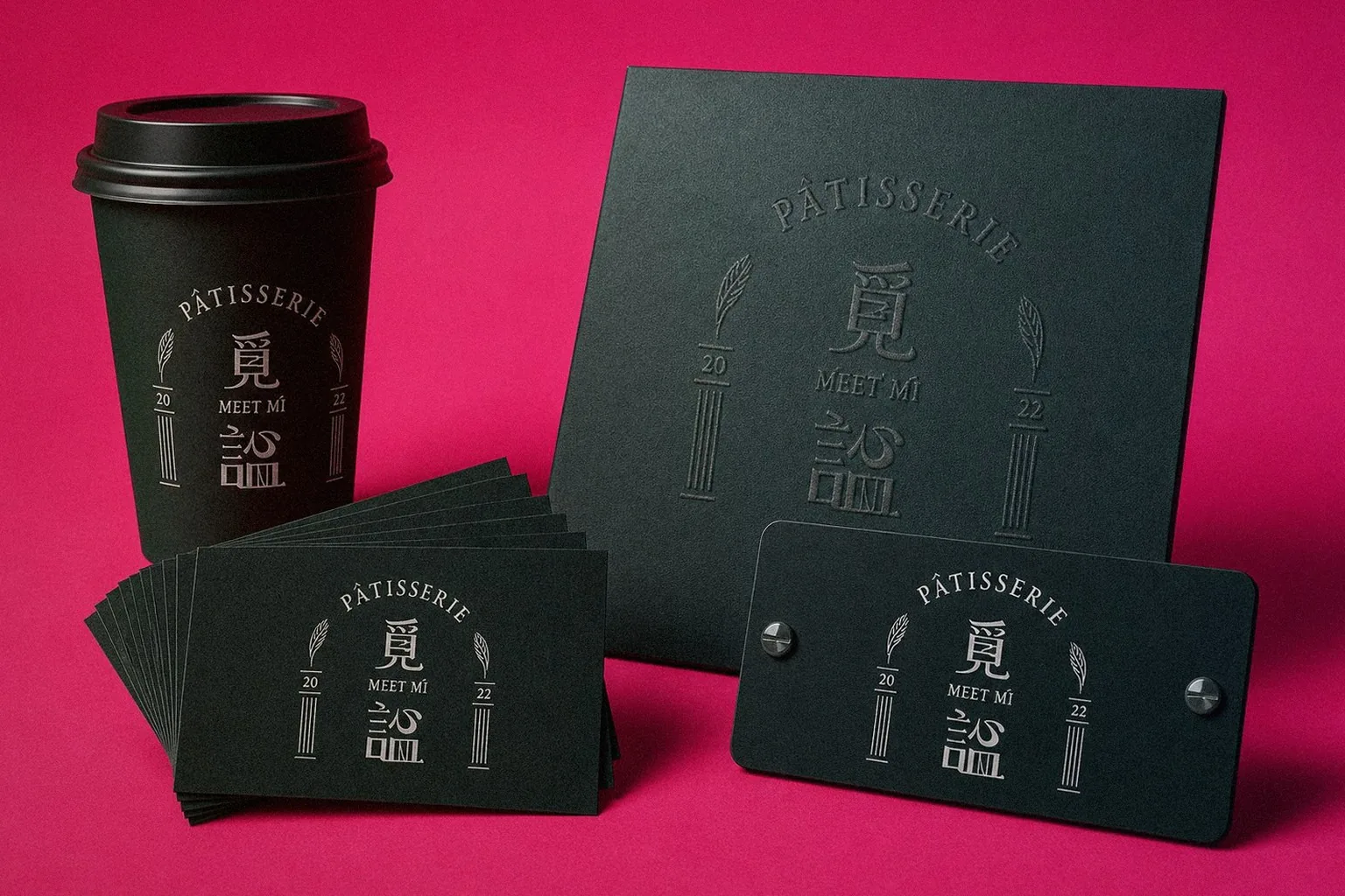 Meet Mi Patisserie brand applications on display: business card, cup, gift box, signage | Howdy Creative