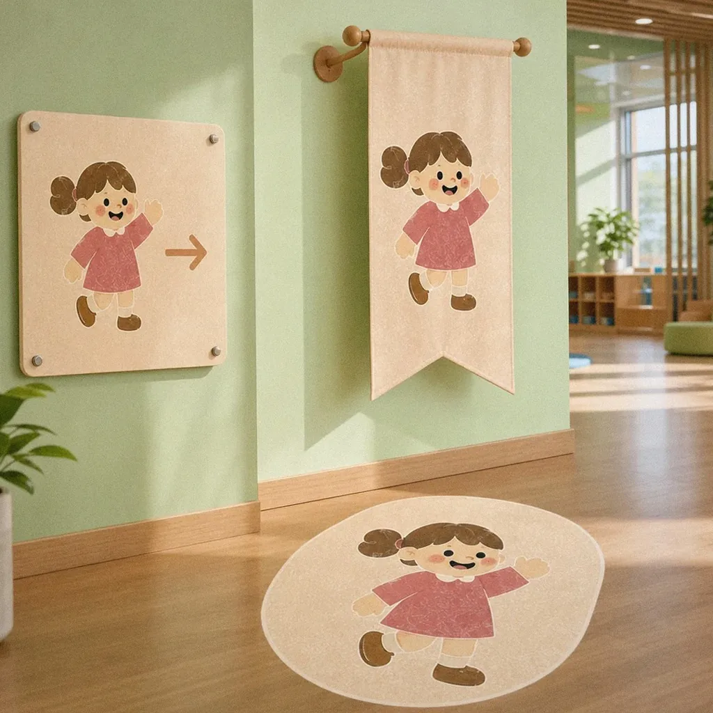 Miaoli Parent-Child Center and Nursery Center lobby environmental graphics: floor decal, projection wall, skylight banners | Howdy Creative