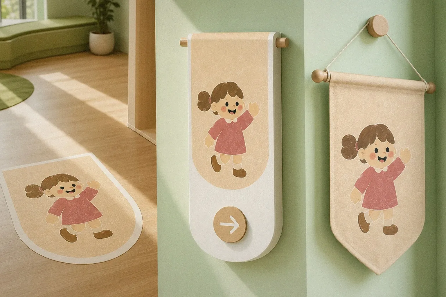 Miaoli Parent-Child Center and Nursery Center lobby environmental graphics: floor decal, projection wall, skylight banners | Howdy Creative