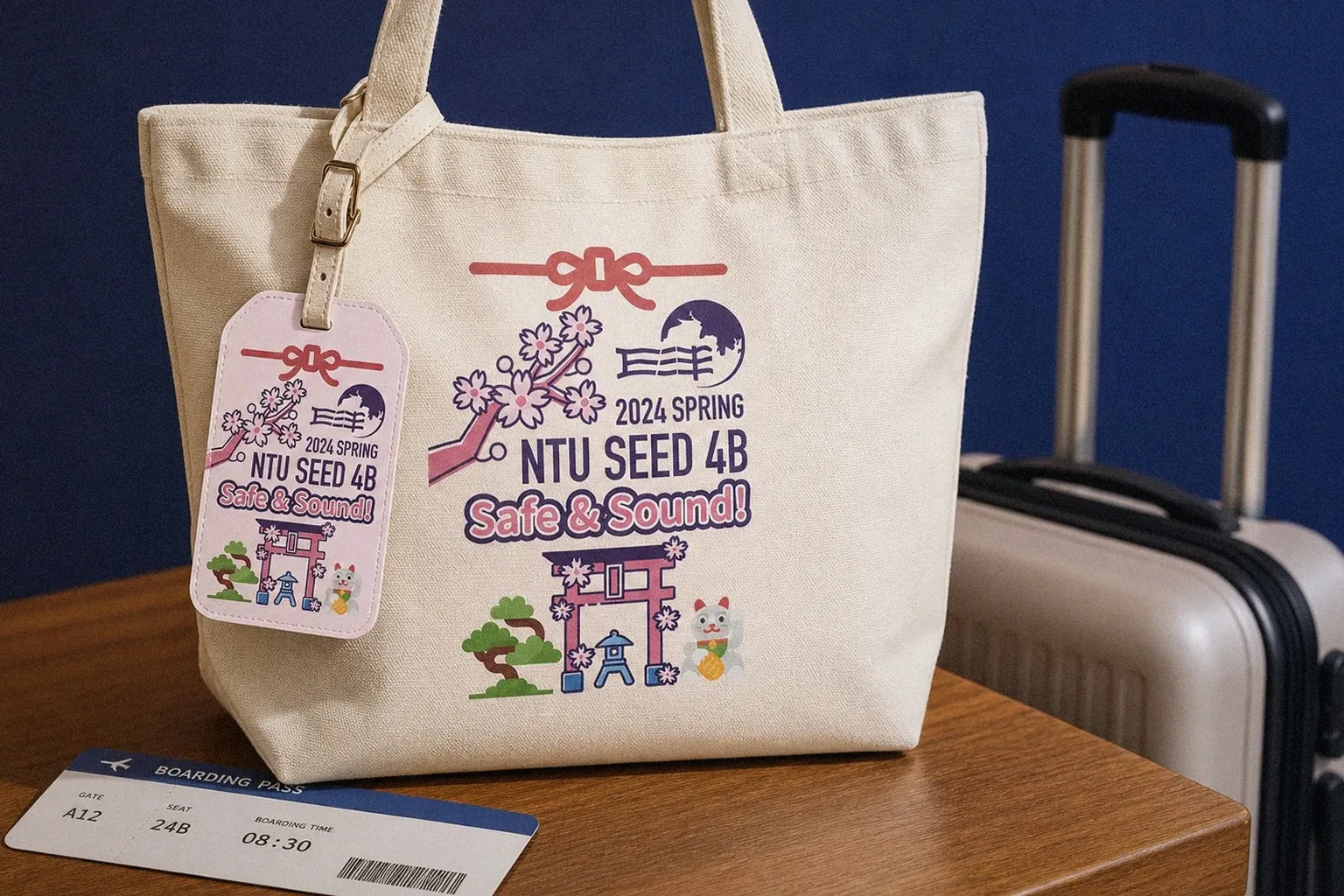 臺大後EMBA畢業旅行紀念品行李吊牌＋帆布提袋應用示意｜好心地文創