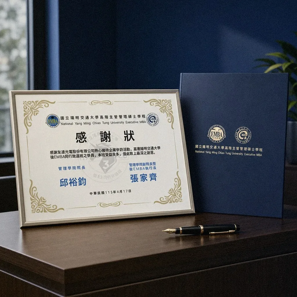 NYCU Executive MBA visit certificate and holder styled at a corporate reception desk | Howdy Creative