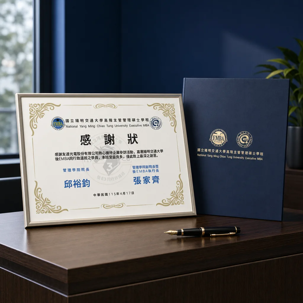 陽明交大後EMBA參訪感謝狀與證書夾企業接待櫃檯應用示意｜好心地文創