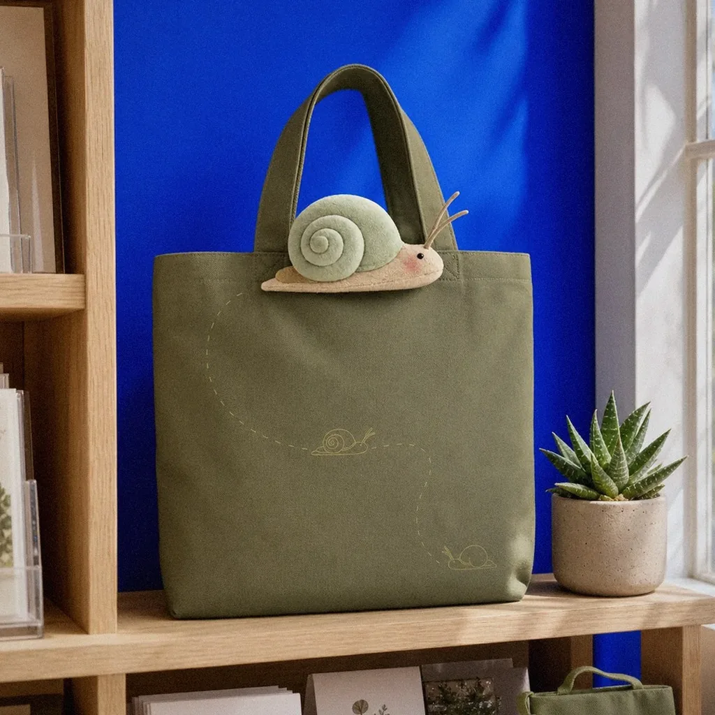 Qingshan Snail plush mascot and tote bag styled as a gift shop display | Howdy Creative
