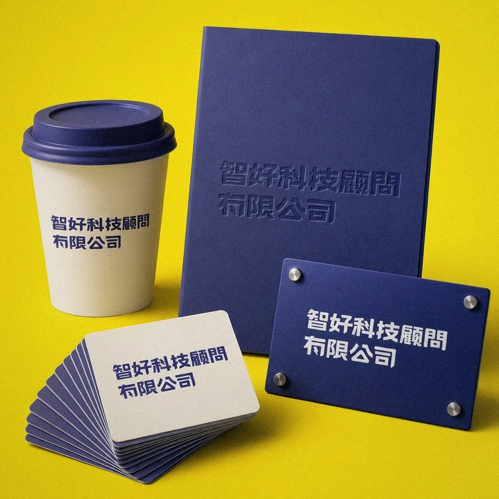 Smart How wordmark applications: business card, paper cup, notebook, bronze plaque | Howdy Creative