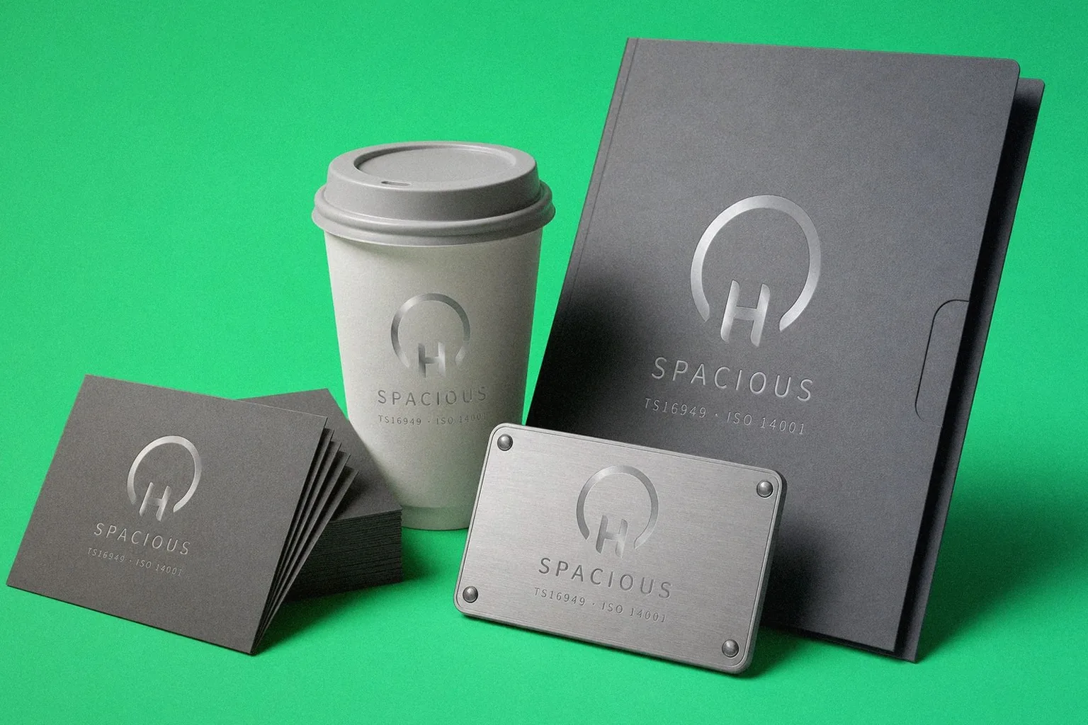 富合企業 SPACIOUS 識別應用陳列:紙杯、資料夾、名片、銅牌|好心地文創