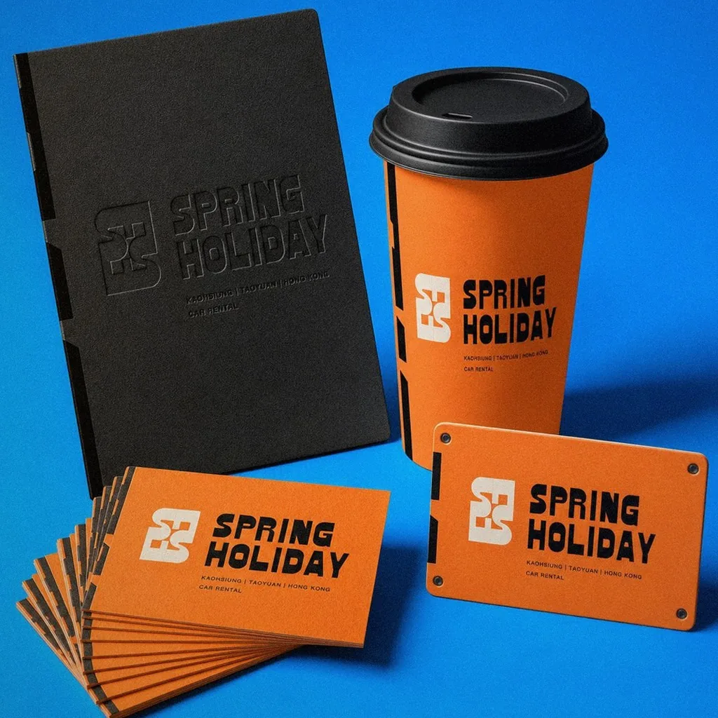 Spring Holiday Car Rental brand application display: notebook, paper cup, business card, and hang tag | Howdy Creative