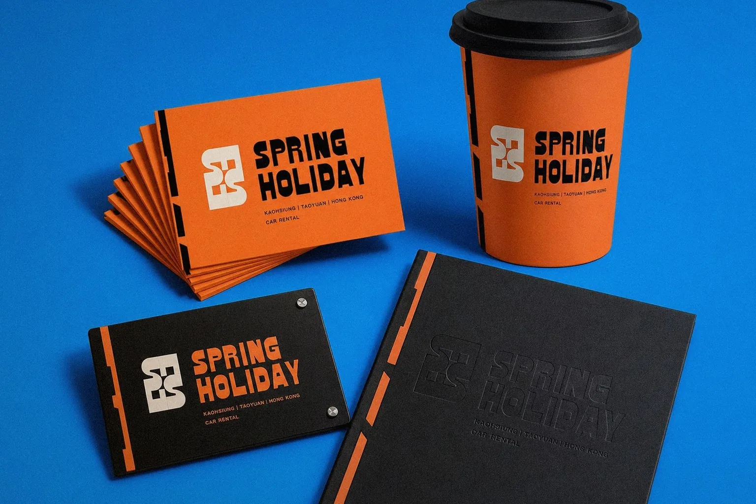 Spring Holiday Car Rental brand application display: notebook, paper cup, business card, and hang tag | Howdy Creative
