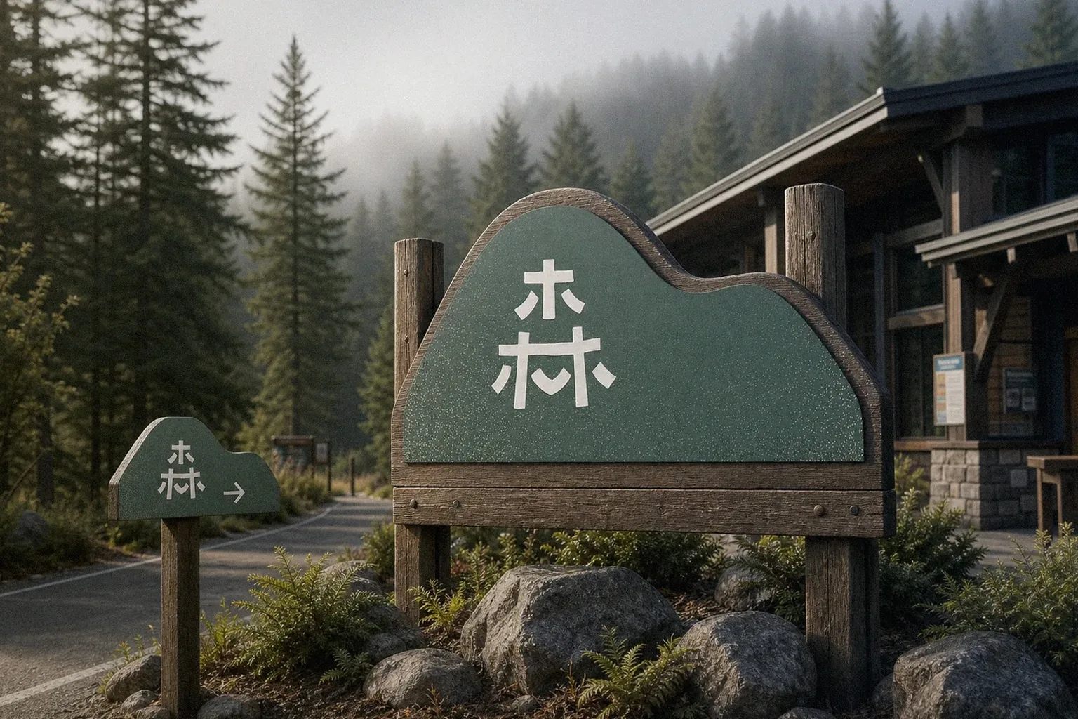 Wood signage application mockup at the entrance of Tengzhih National Forest Recreation Area