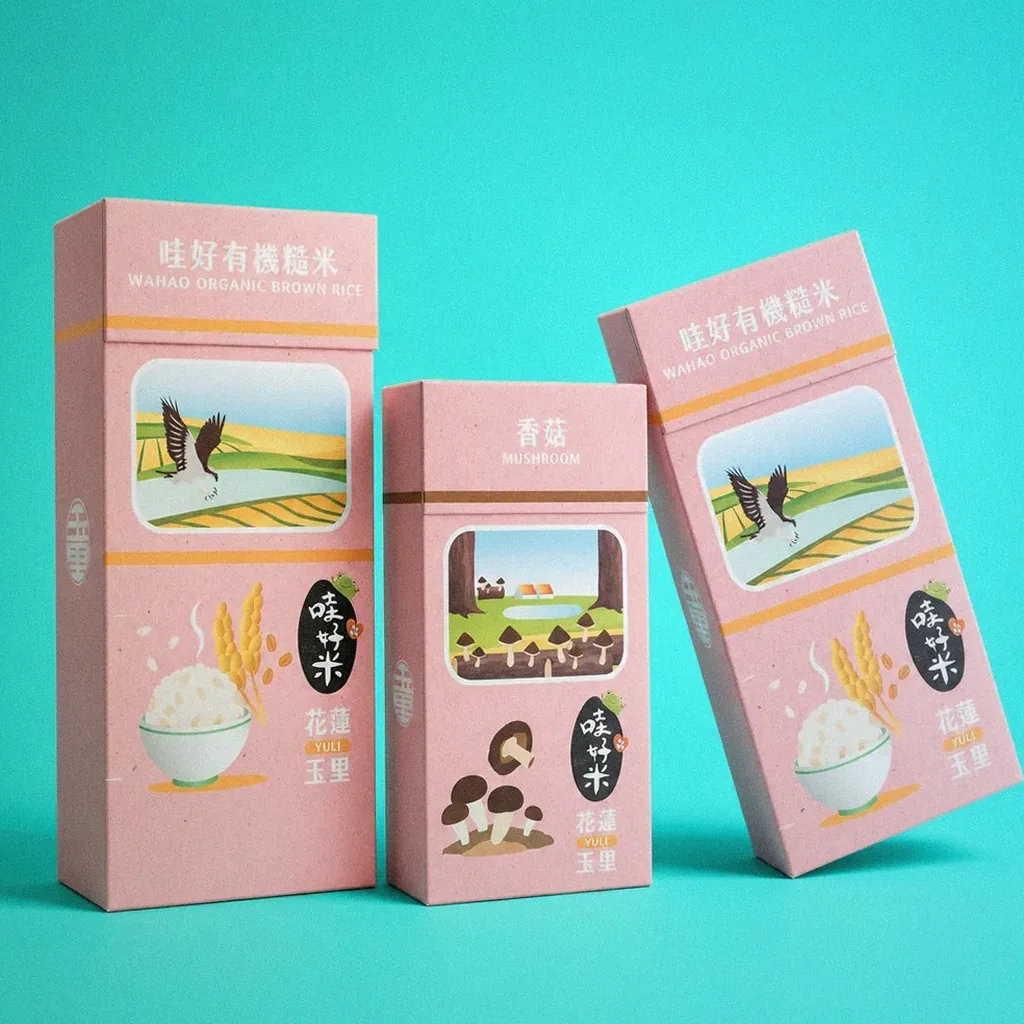 Wahaoo Rice brand identity and packaging application mockup | Howdy Creative