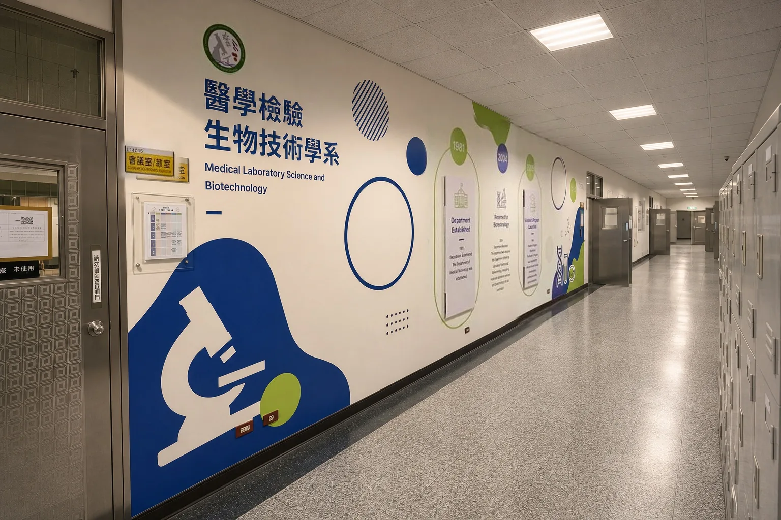 Another angle of the identity wall, blue color blocks extending toward a virology lab doorway