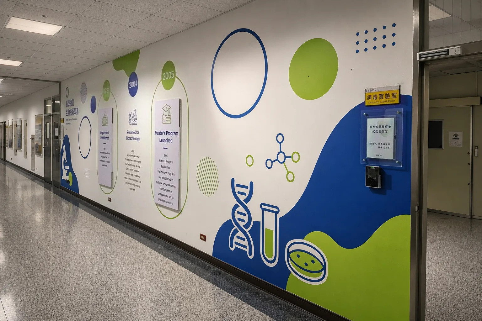 Wide corridor view with the lab door open, showing the full depth of the identity wall