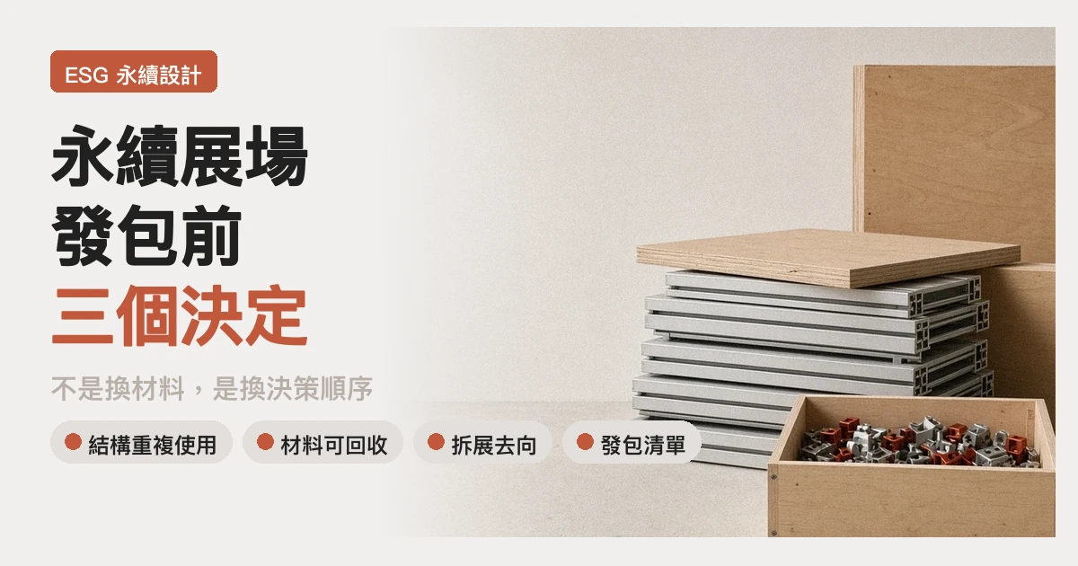 拆卸後完整堆放的模組化展架鋁構件與單一材質板материал，象徵可重複使用的永續展場結構